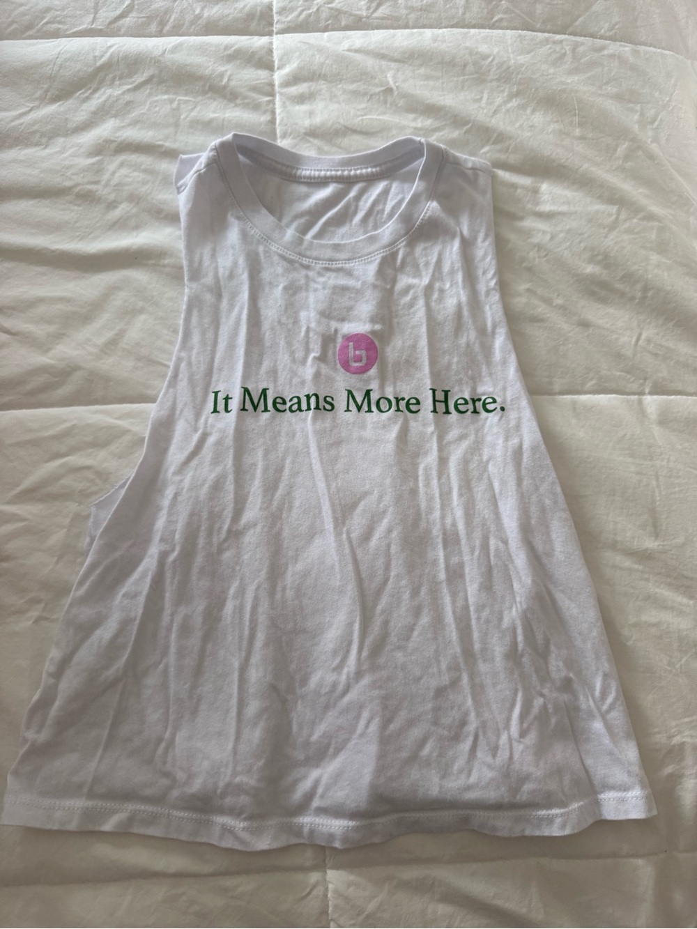 White Graphic Crop Tank with Green Slogan and Pink Logo